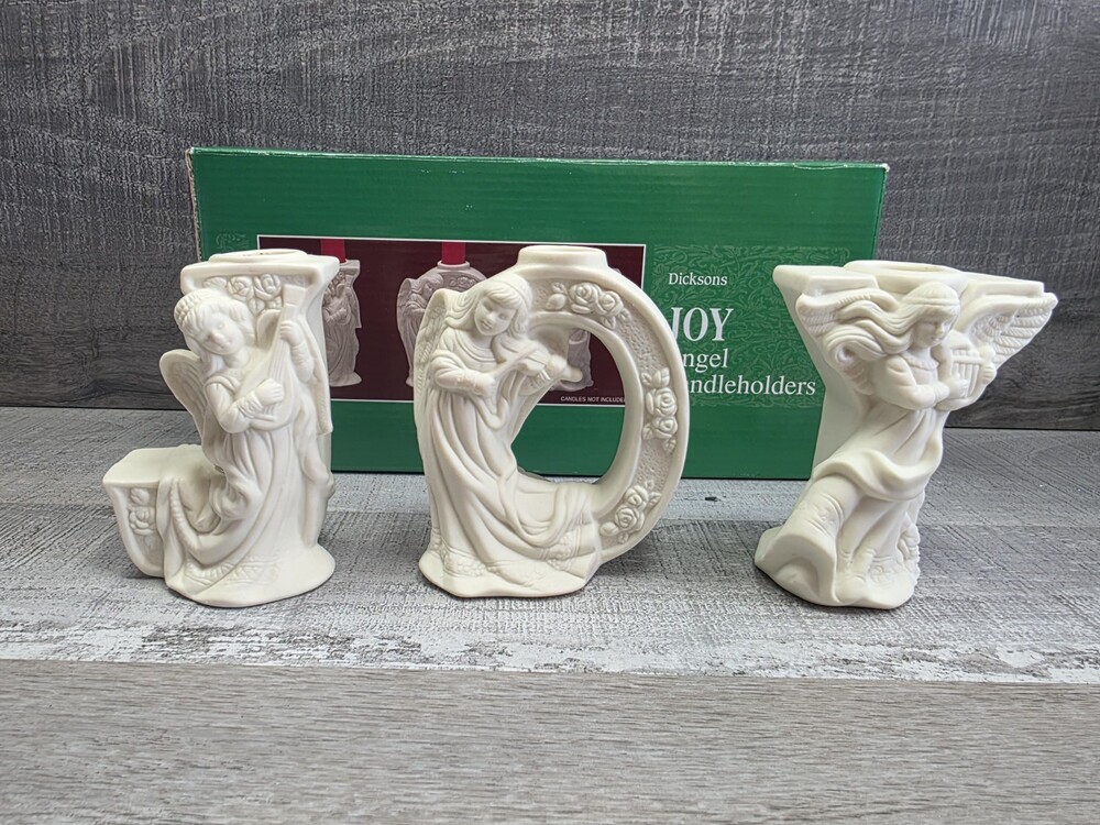 Christmas Angels Candlestick Holders JOY Ceramic W Musical Instruments Bin137